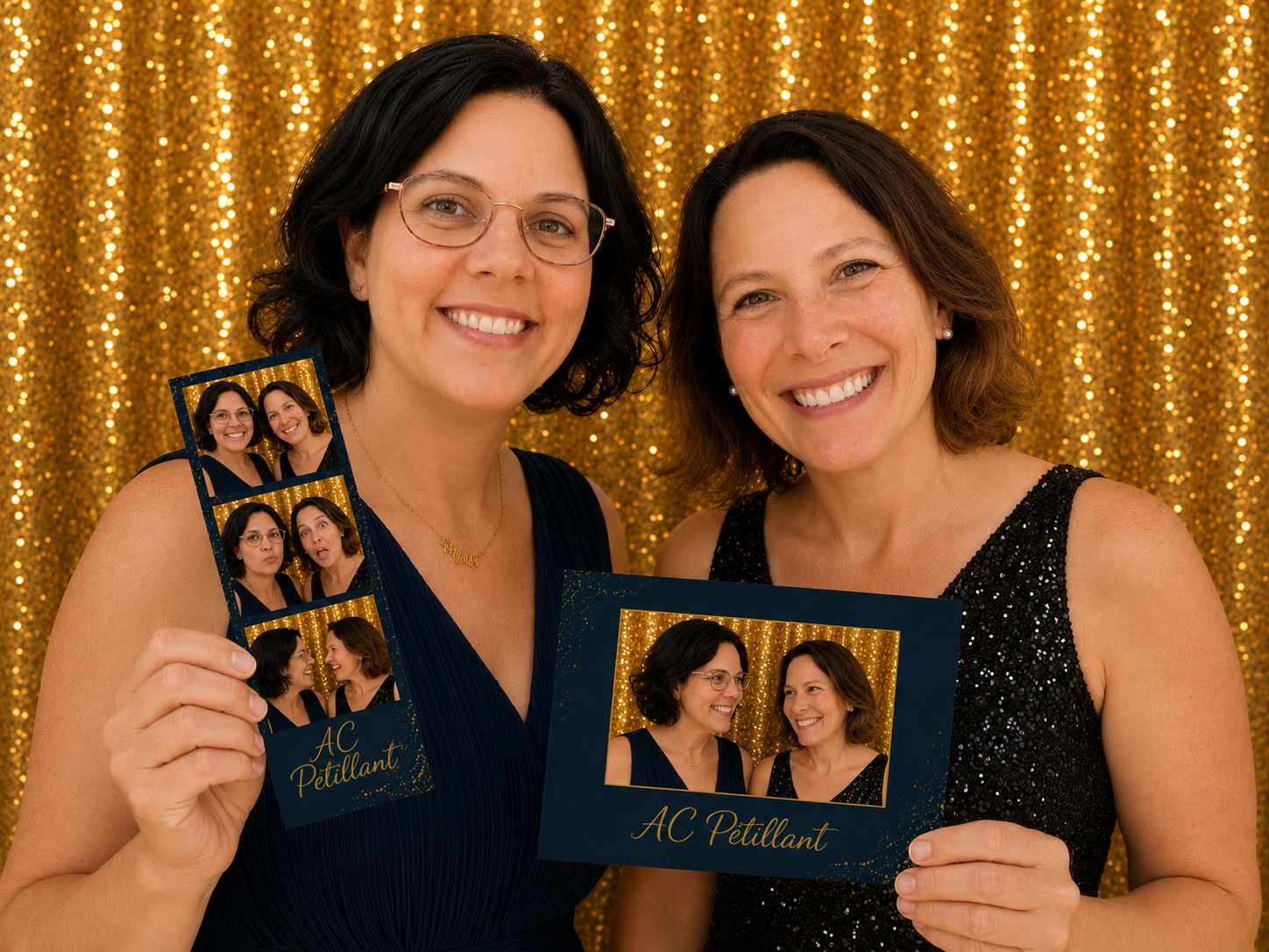 Souvenir photobooth — deux amies tiennent leurs tirages photo